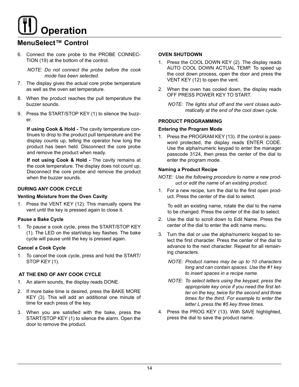 Operation, Menuselect™ control | Blodgett HV-50 User Manual | Page 16 / 35