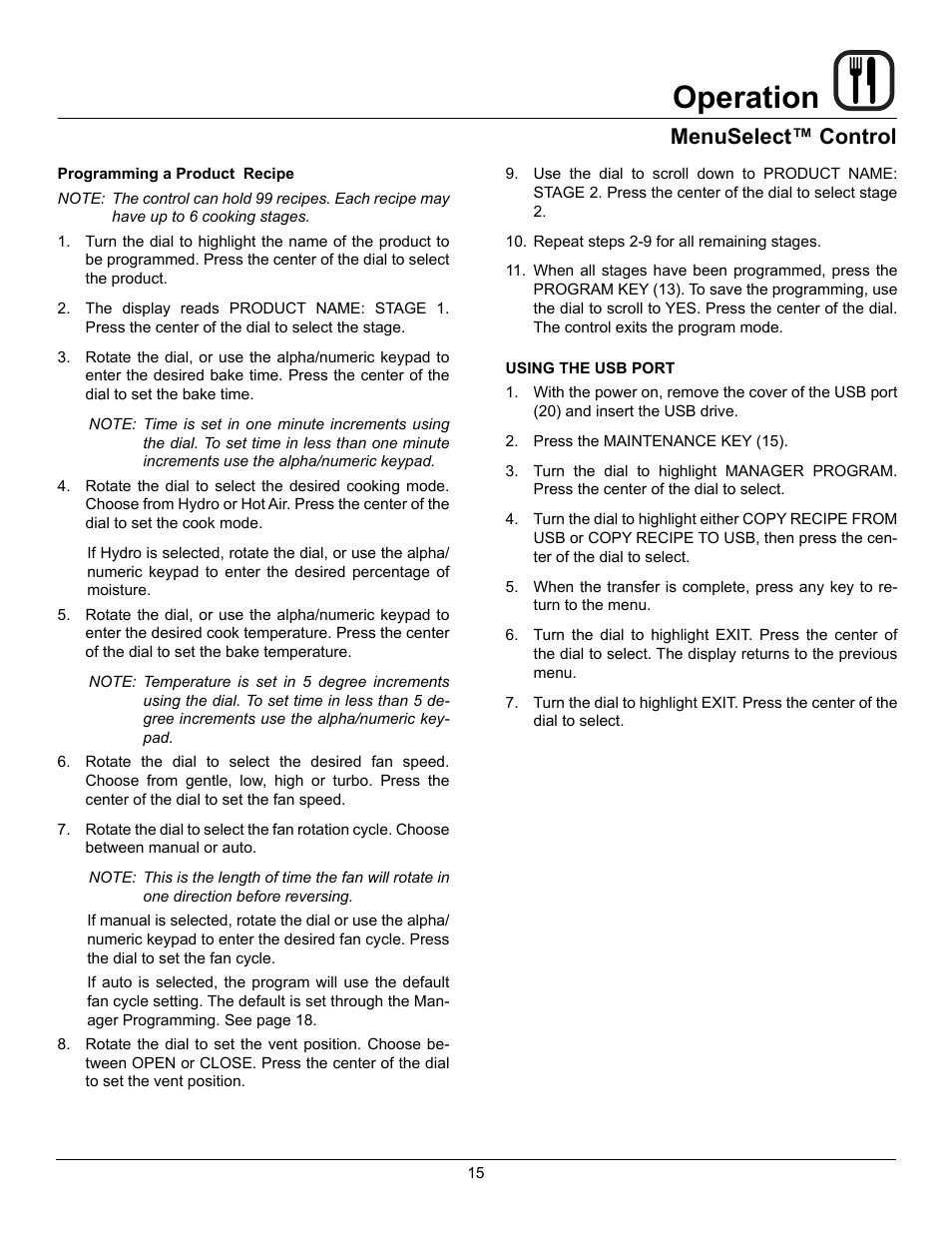 Operation, Menuselect™ control | Blodgett HV-50 User Manual | Page 17 / 35