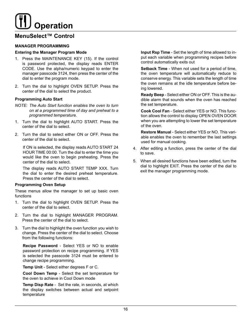 Operation, Menuselect™ control | Blodgett HV-50 User Manual | Page 18 / 35