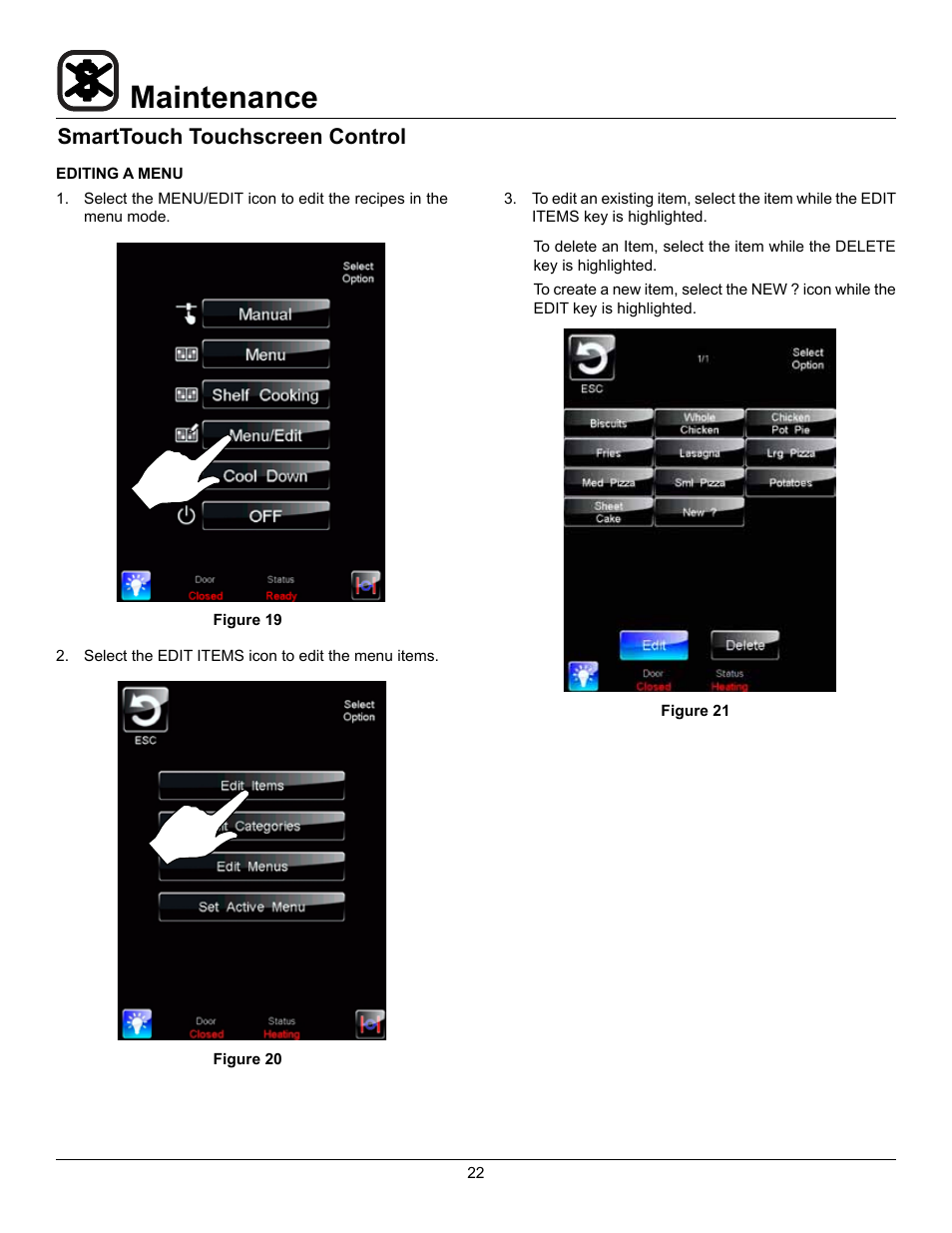 Maintenance, Smarttouch touchscreen control | Blodgett HV-50 User Manual | Page 24 / 35