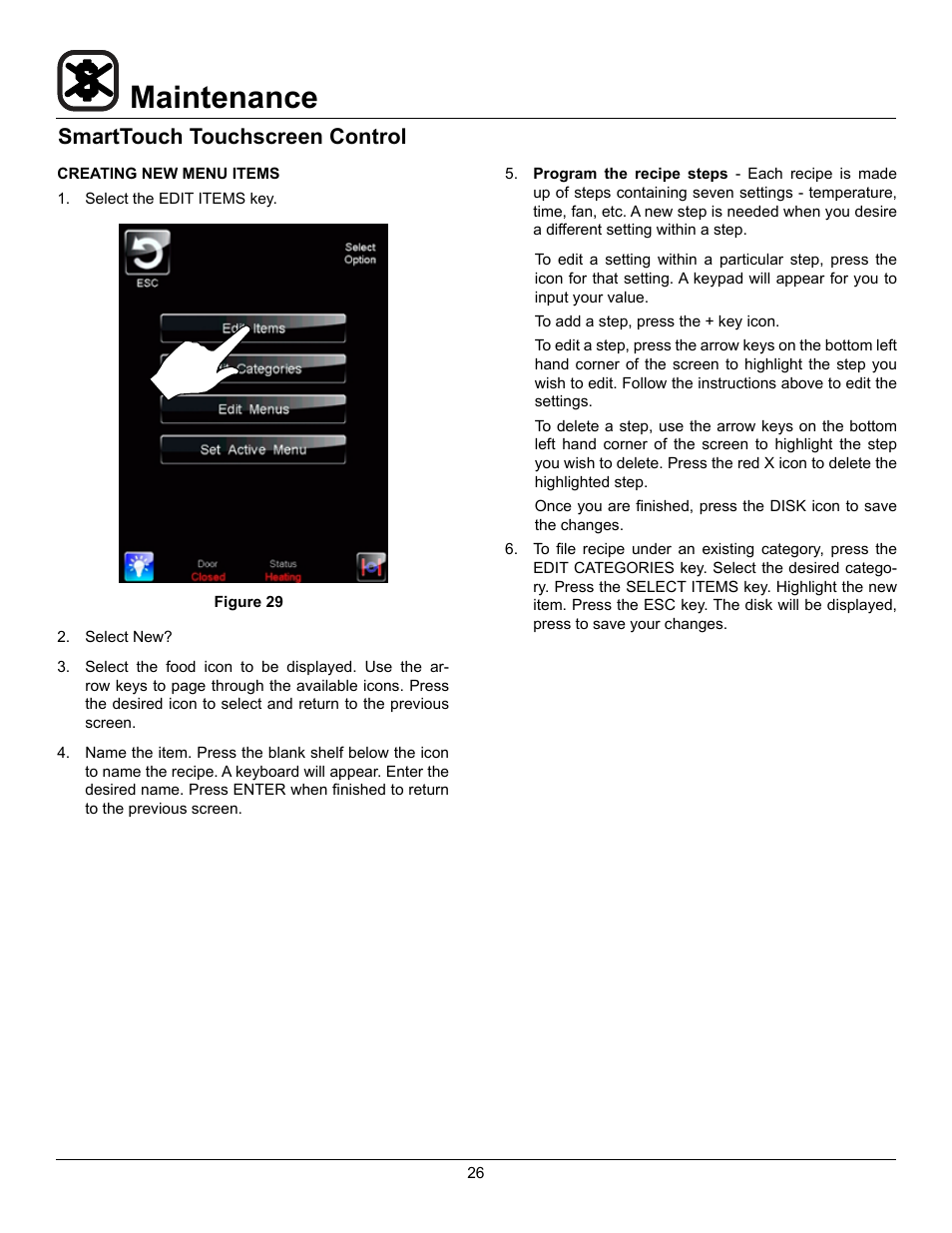 Maintenance, Smarttouch touchscreen control | Blodgett HV-50 User Manual | Page 28 / 35