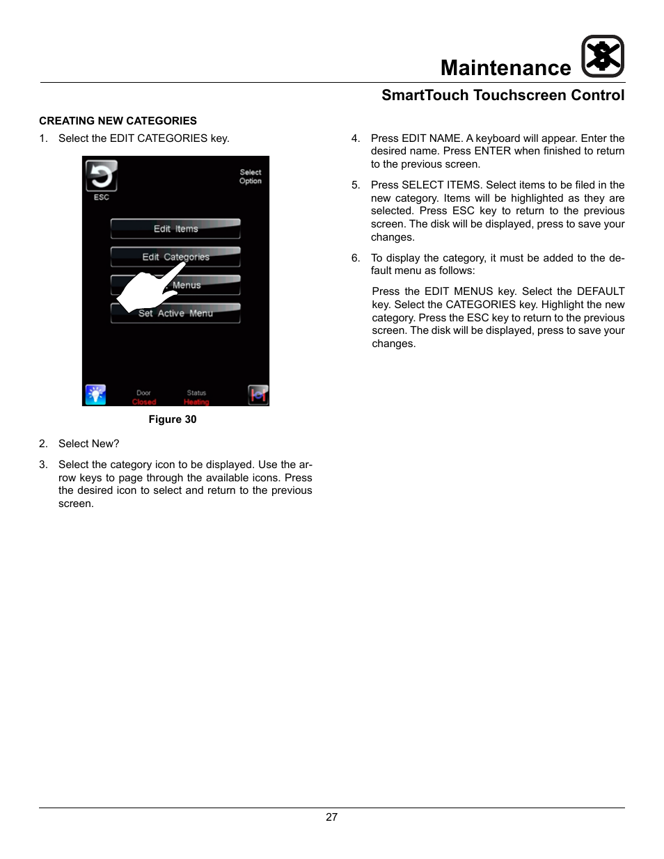 Maintenance, Smarttouch touchscreen control | Blodgett HV-50 User Manual | Page 29 / 35