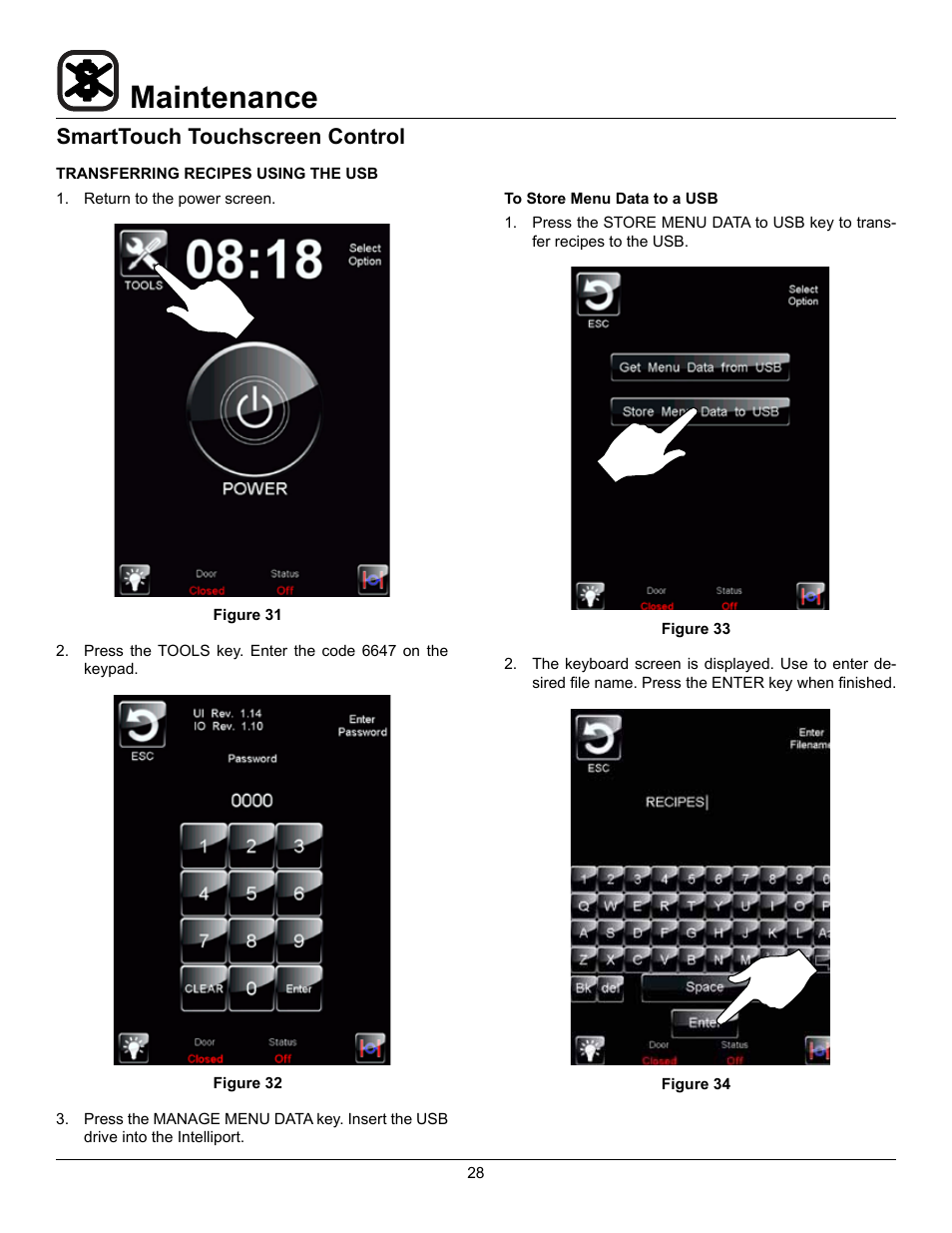 Maintenance, Smarttouch touchscreen control | Blodgett HV-50 User Manual | Page 30 / 35