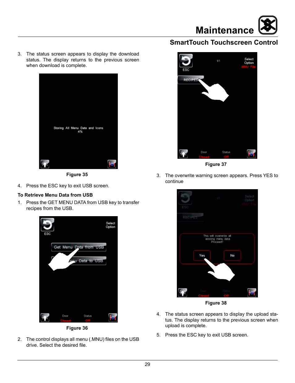 Maintenance, Smarttouch touchscreen control | Blodgett HV-50 User Manual | Page 31 / 35