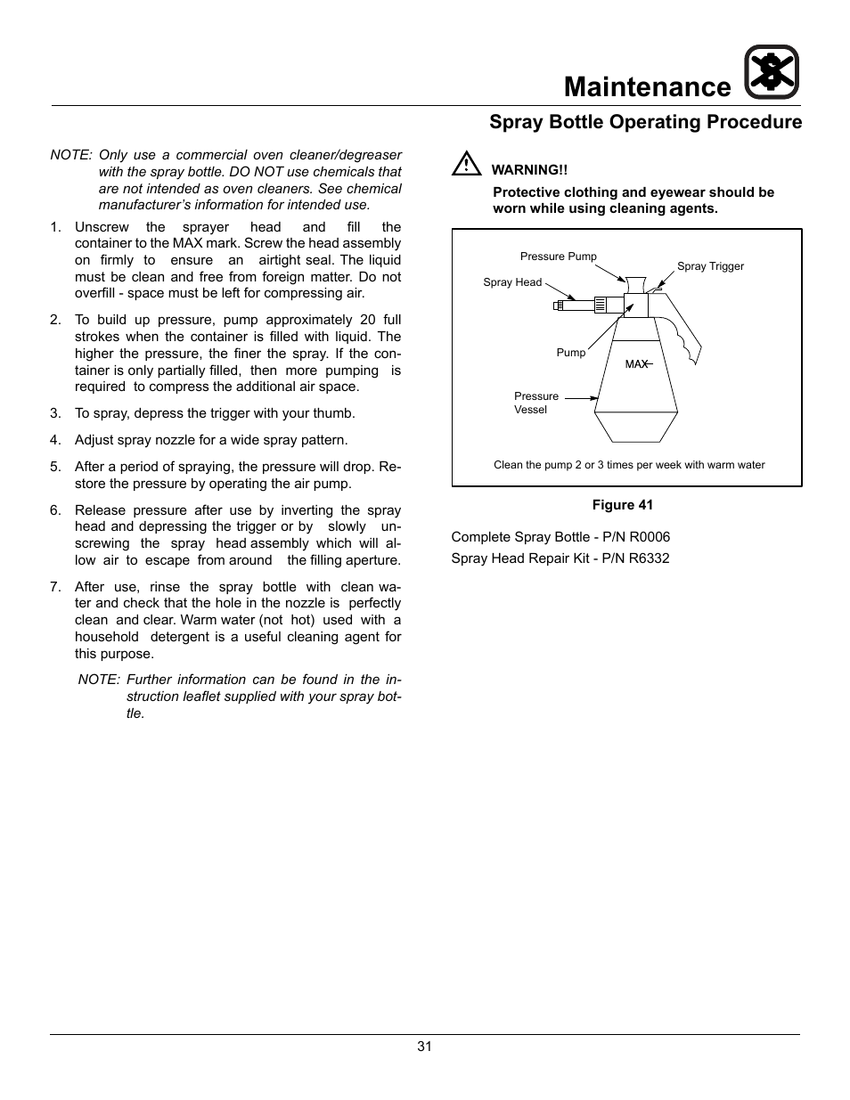 Maintenance, Spray bottle operating procedure | Blodgett HV-50 User Manual | Page 33 / 35