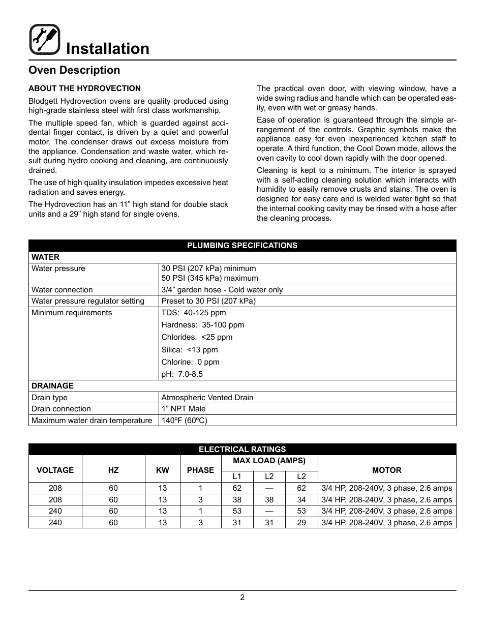 Installation, Oven description | Blodgett HV-50 User Manual | Page 4 / 35