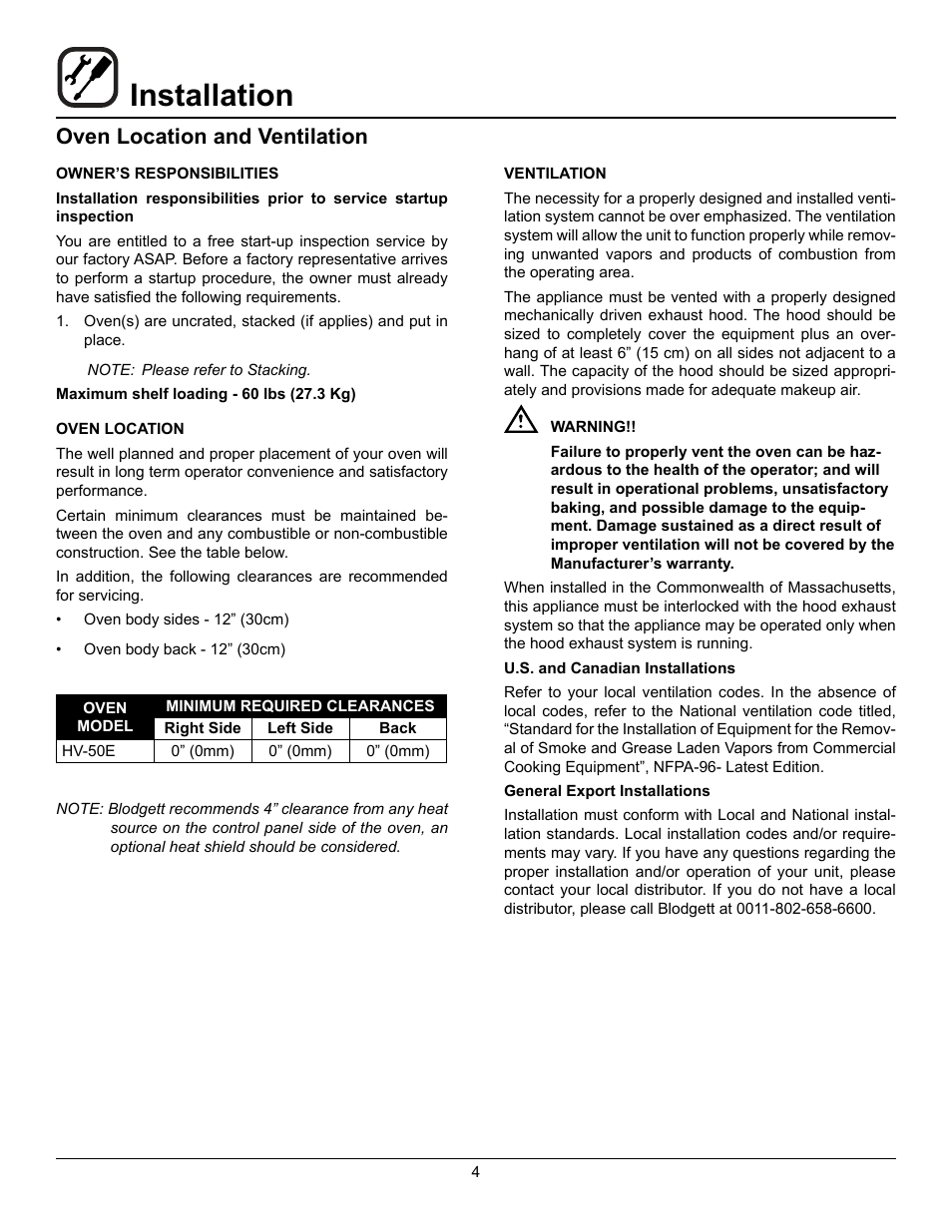 Installation, Oven location and ventilation | Blodgett HV-50 User Manual | Page 6 / 35