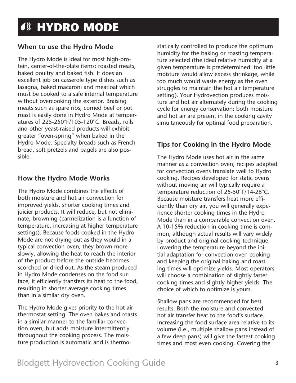 Hydro mode, Blodgett hydrovection cooking guide | Blodgett HV-Cooking Guide User Manual | Page 3 / 14