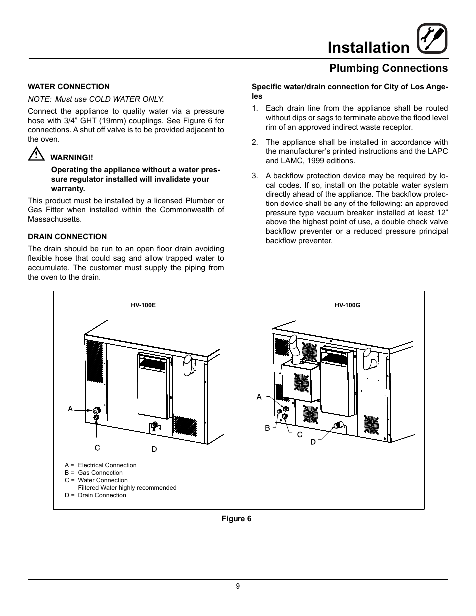 Installation, Plumbing connections | Blodgett HV-100G User Manual | Page 11 / 40