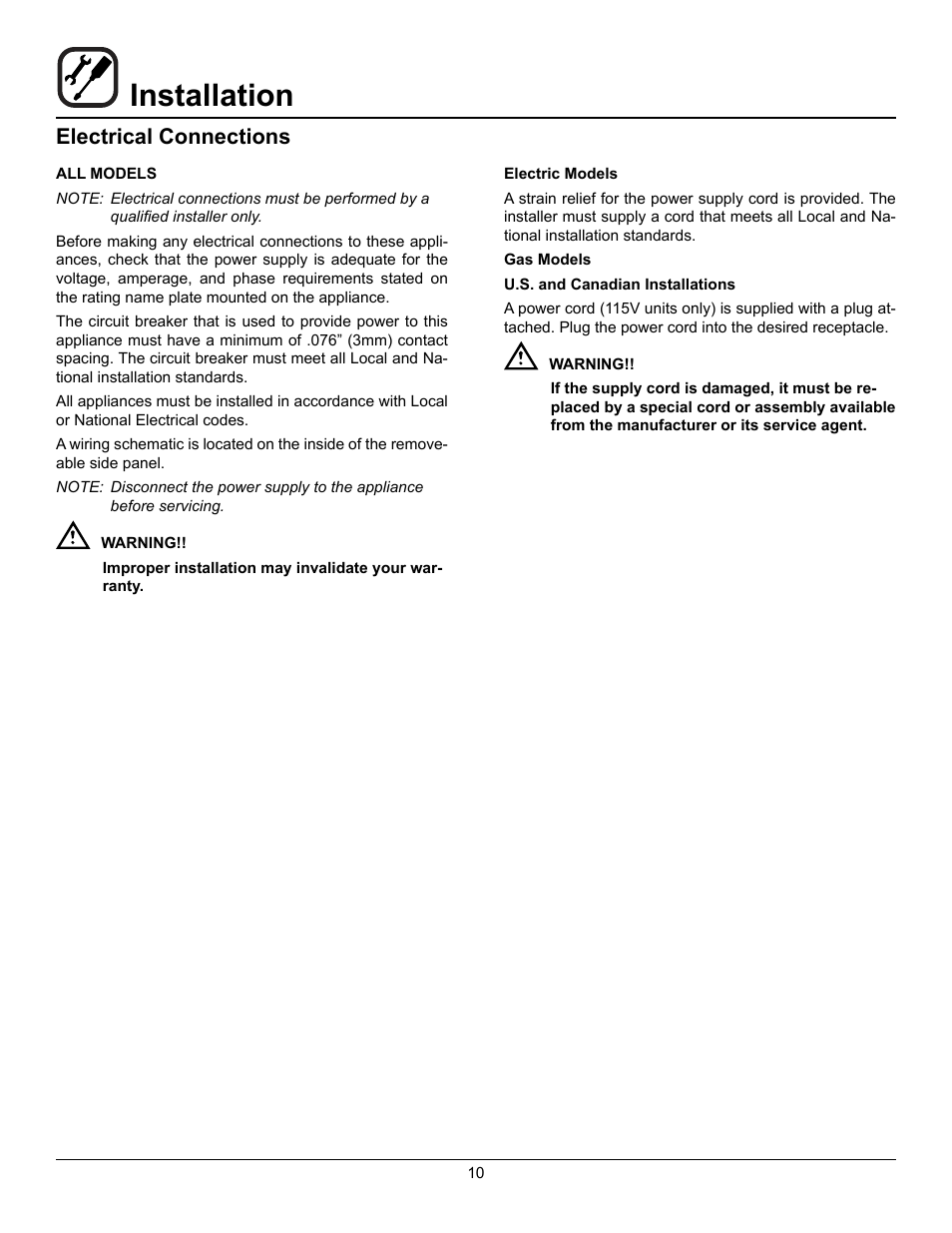 Installation, Electrical connections | Blodgett HV-100G User Manual | Page 12 / 40