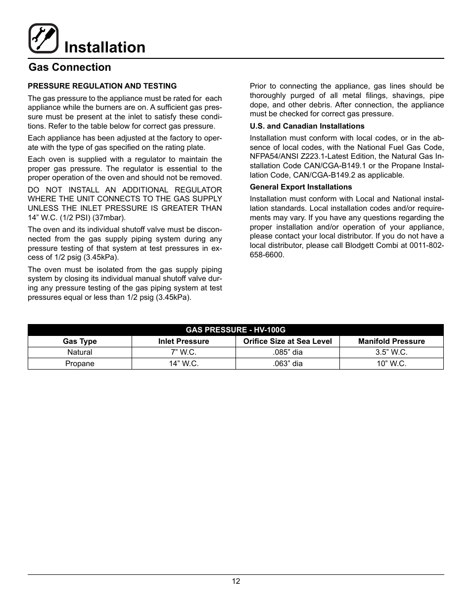 Installation, Gas connection | Blodgett HV-100G User Manual | Page 14 / 40