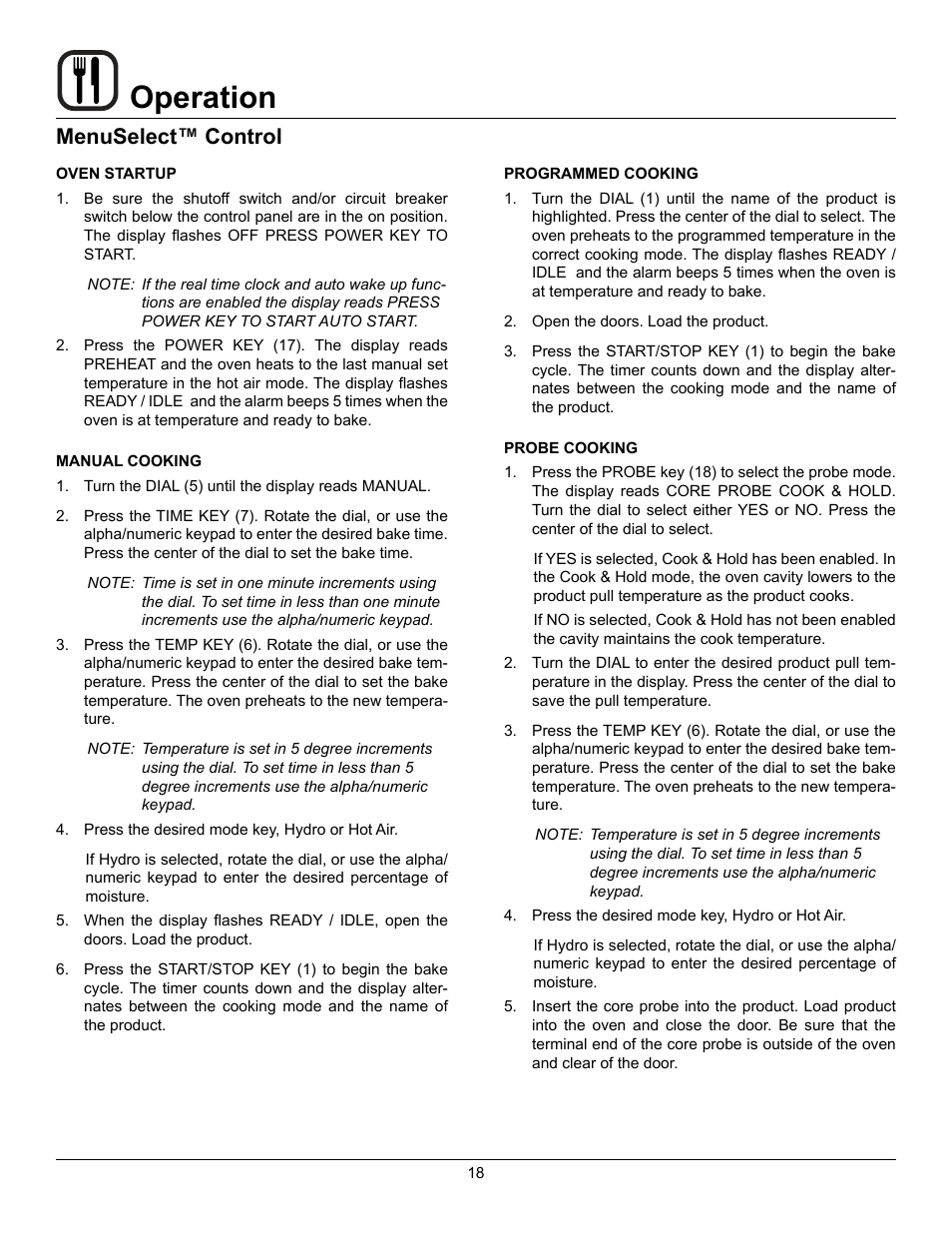 Operation, Menuselect™ control | Blodgett HV-100G User Manual | Page 20 / 40