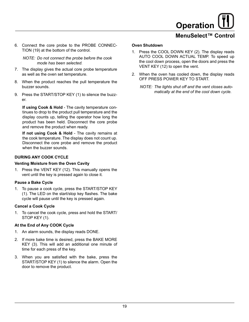 Operation, Menuselect™ control | Blodgett HV-100G User Manual | Page 21 / 40