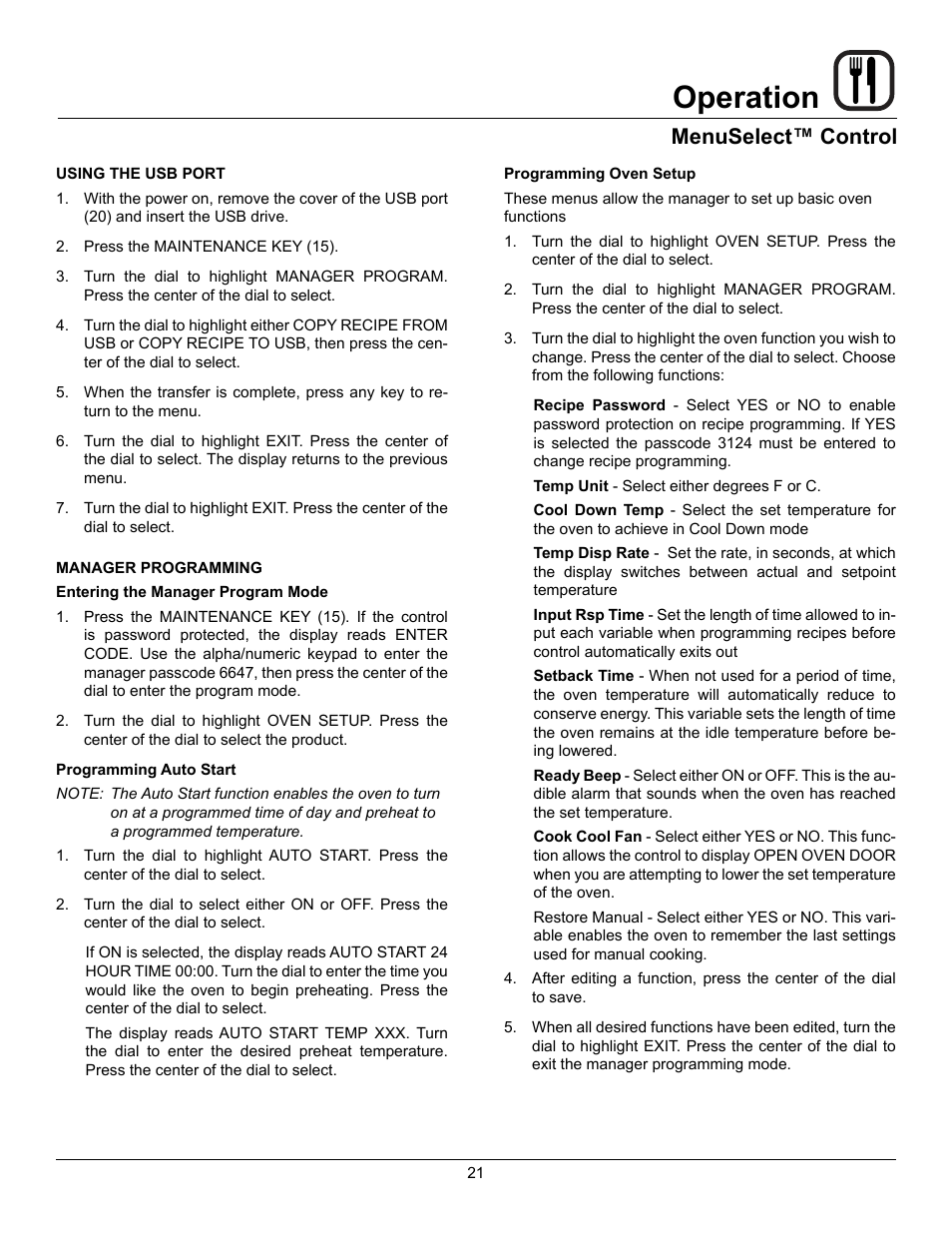 Operation, Menuselect™ control | Blodgett HV-100G User Manual | Page 23 / 40