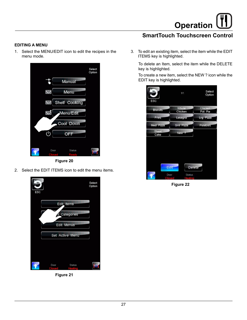 Operation, Smarttouch touchscreen control | Blodgett HV-100G User Manual | Page 29 / 40