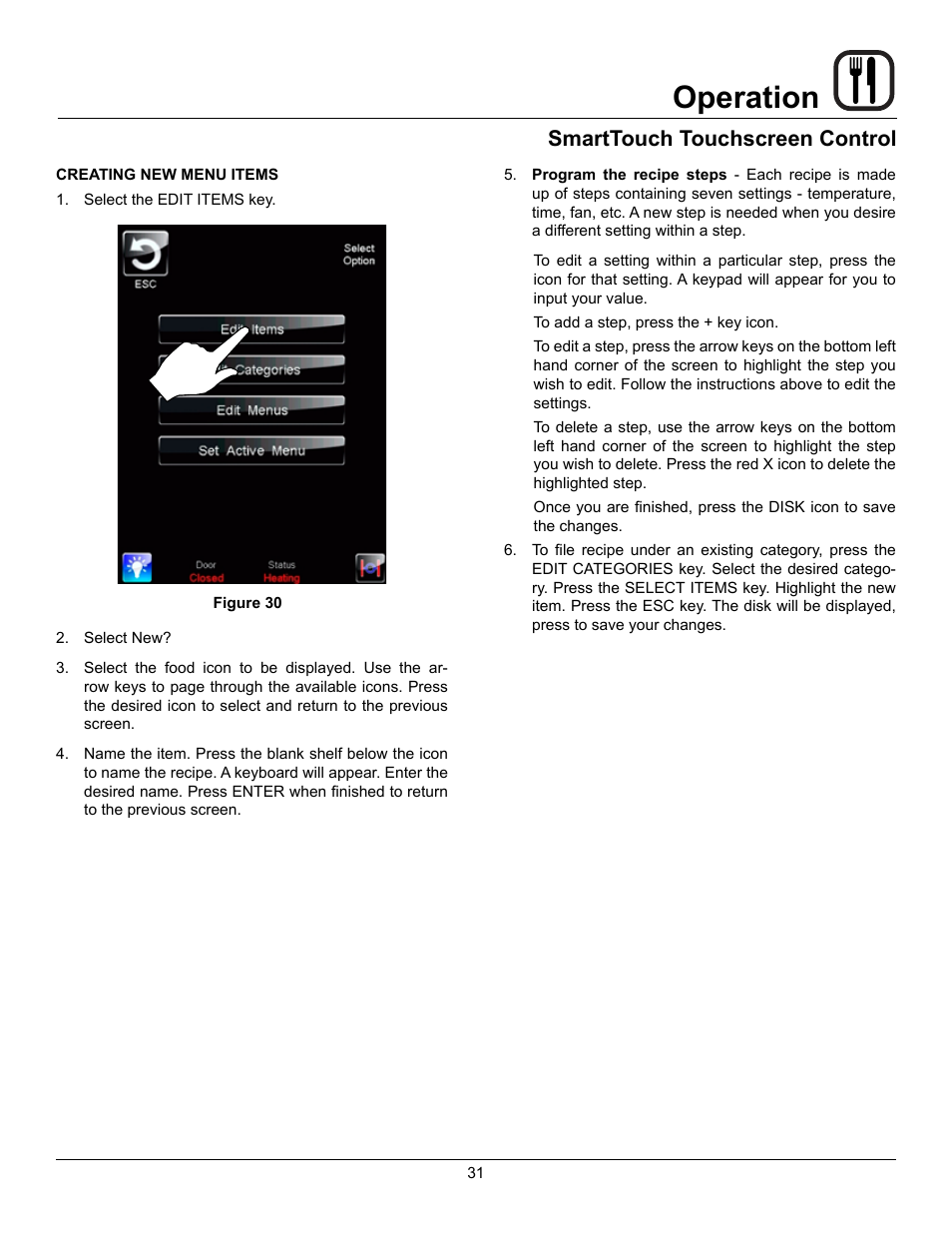 Operation, Smarttouch touchscreen control | Blodgett HV-100G User Manual | Page 33 / 40