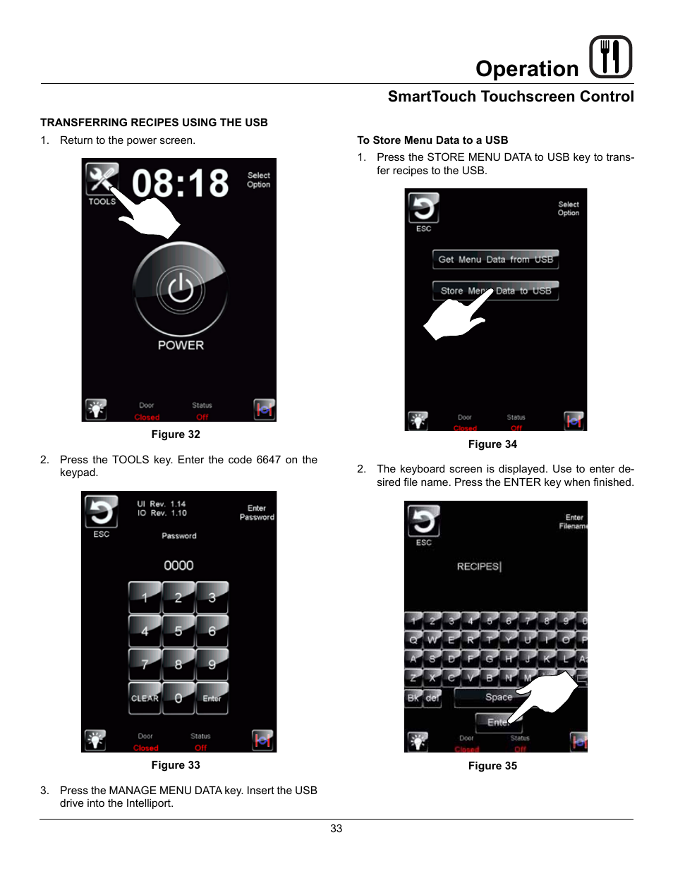 Operation, Smarttouch touchscreen control | Blodgett HV-100G User Manual | Page 35 / 40