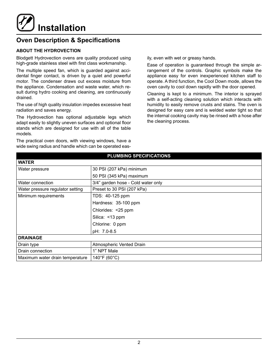 Installation, Oven description & specifications | Blodgett HV-100G User Manual | Page 4 / 40