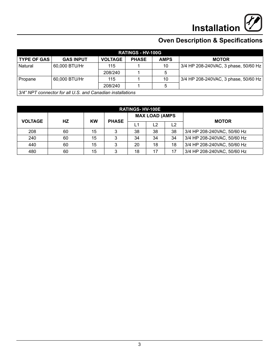 Installation, Oven description & specifications | Blodgett HV-100G User Manual | Page 5 / 40