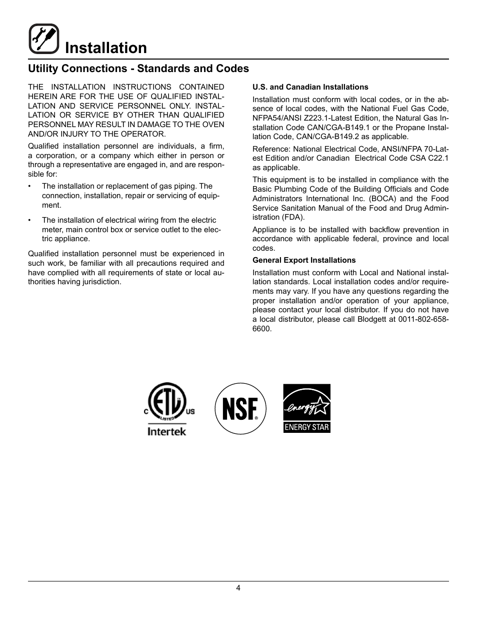 Installation, Utility connections - standards and codes | Blodgett HV-100G User Manual | Page 6 / 40