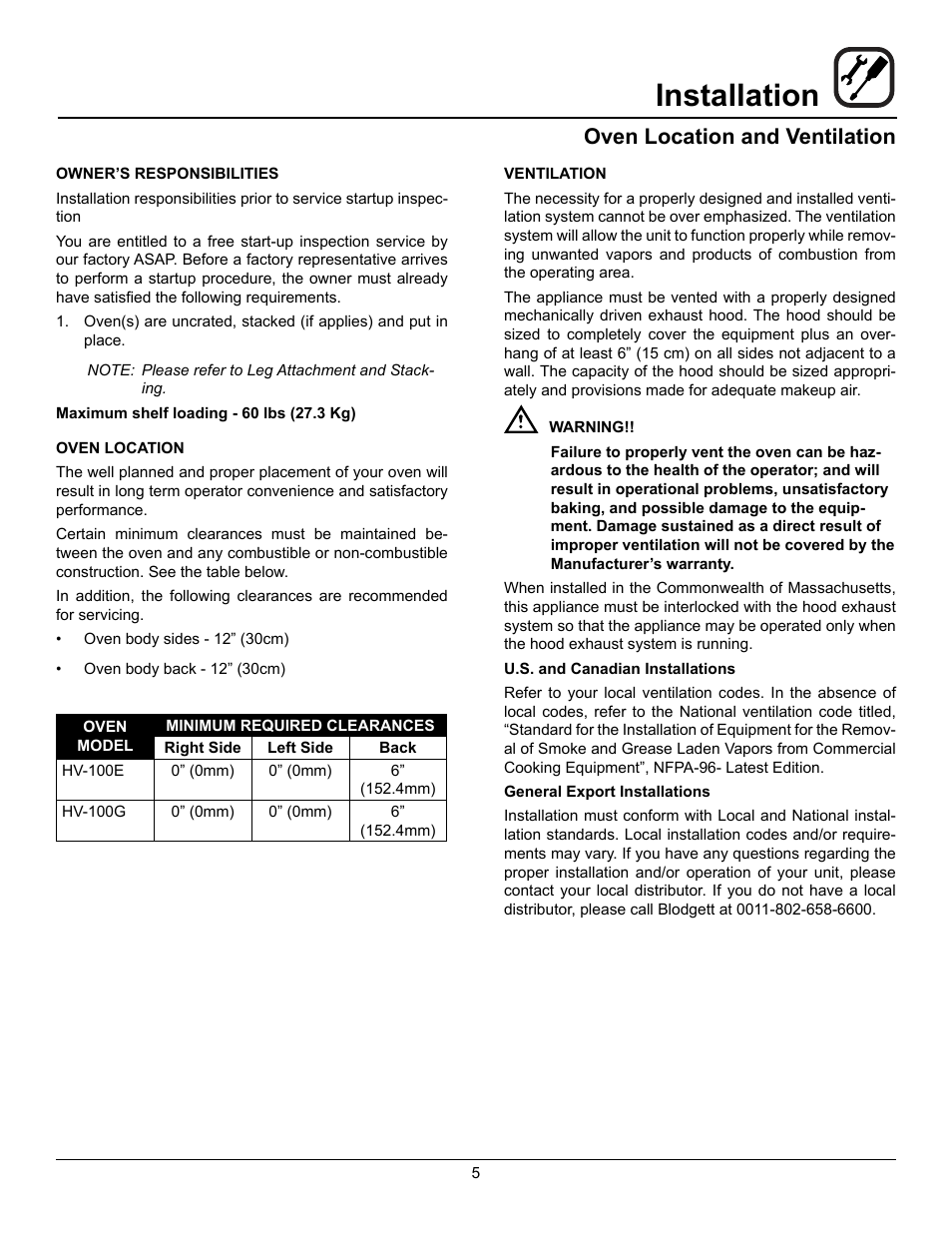 Installation, Oven location and ventilation | Blodgett HV-100G User Manual | Page 7 / 40