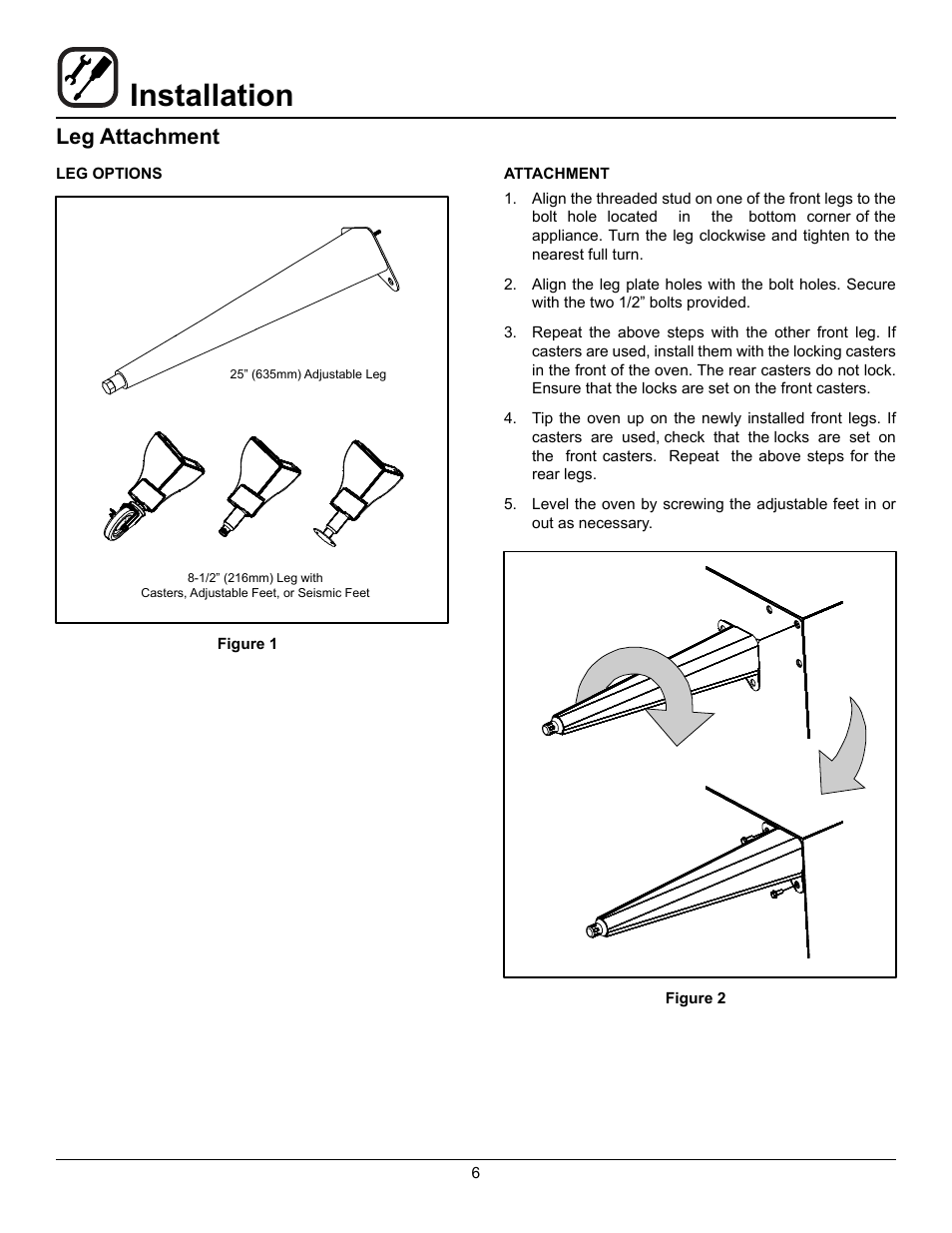 Installation, Leg attachment | Blodgett HV-100G User Manual | Page 8 / 40