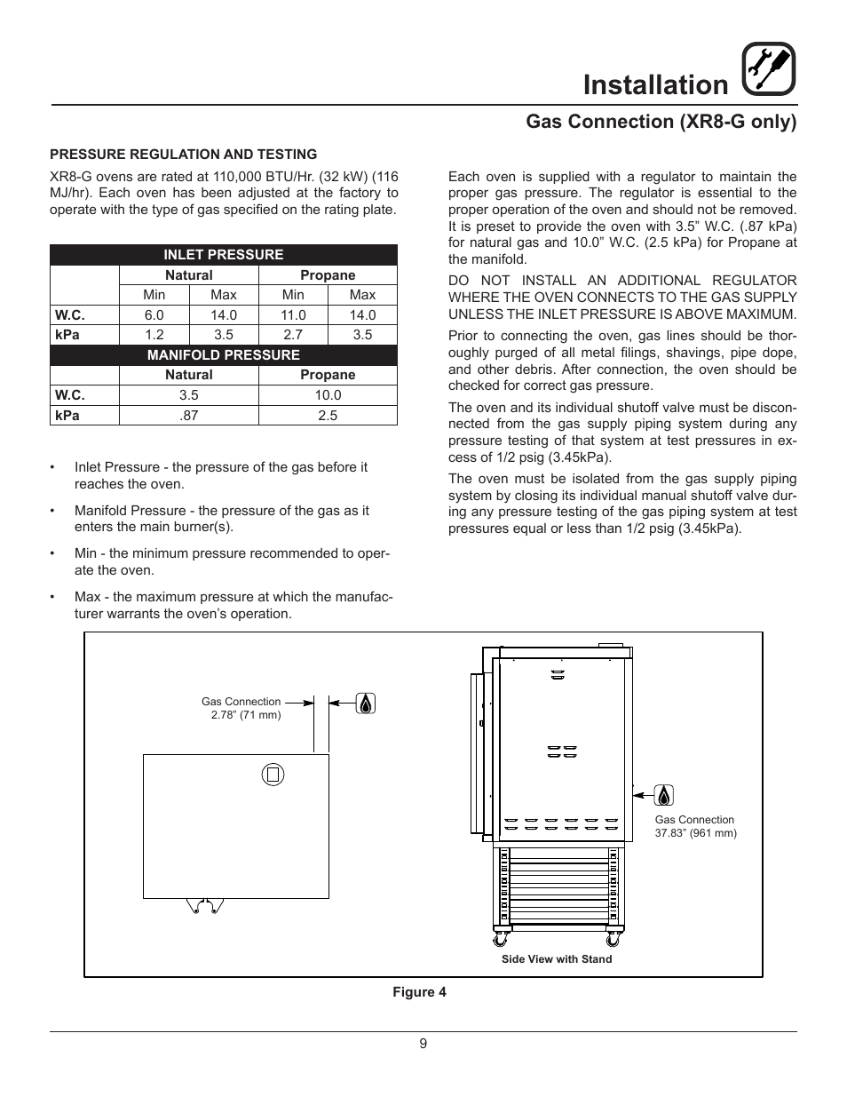 Installation, Gas connection (xr8-g only) | Blodgett XR8-E User Manual | Page 11 / 24