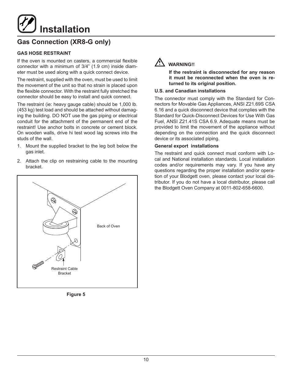 Installation, Gas connection (xr8-g only) | Blodgett XR8-E User Manual | Page 12 / 24