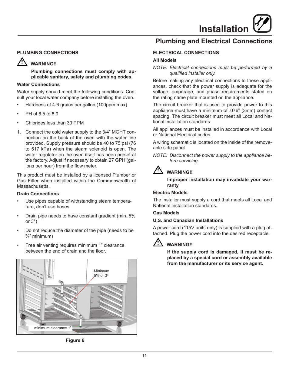 Installation, Plumbing and electrical connections | Blodgett XR8-E User Manual | Page 13 / 24