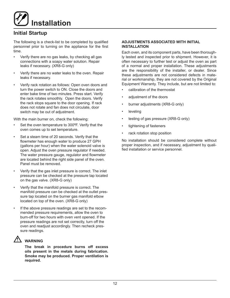 Installation, Initial startup | Blodgett XR8-E User Manual | Page 14 / 24