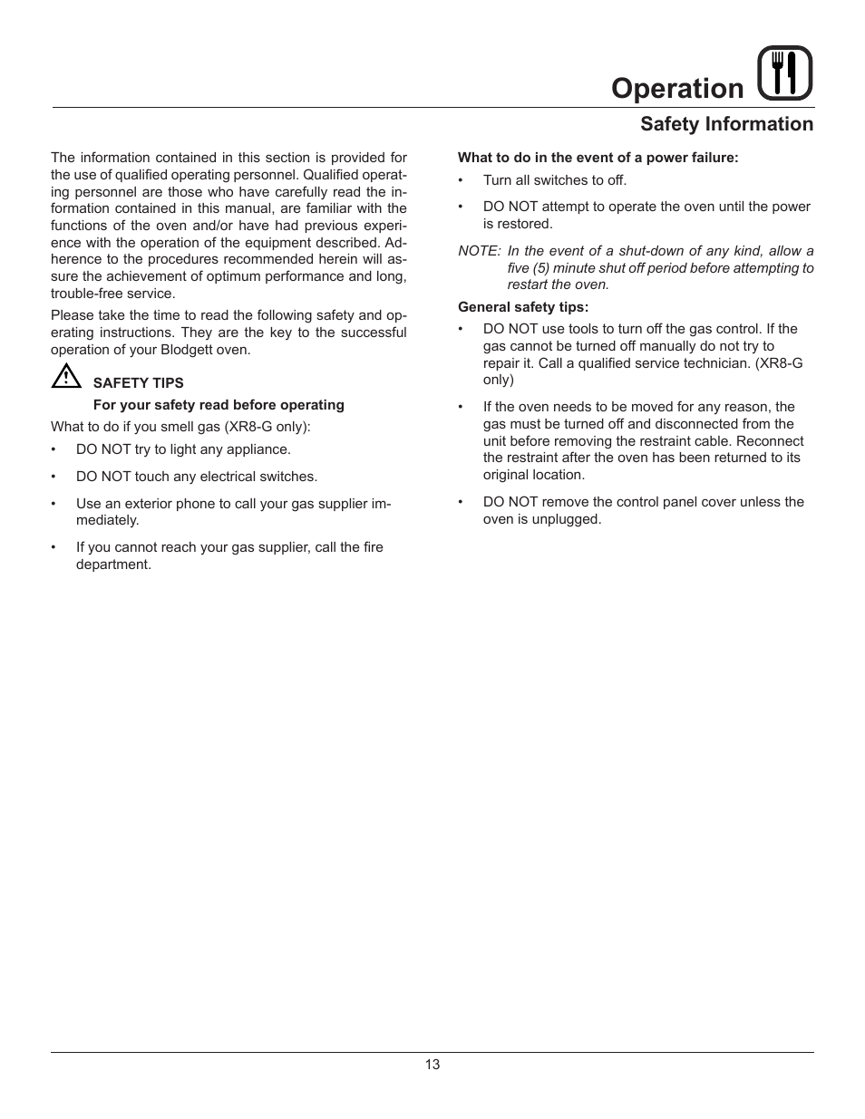 Operation, Safety information | Blodgett XR8-E User Manual | Page 15 / 24