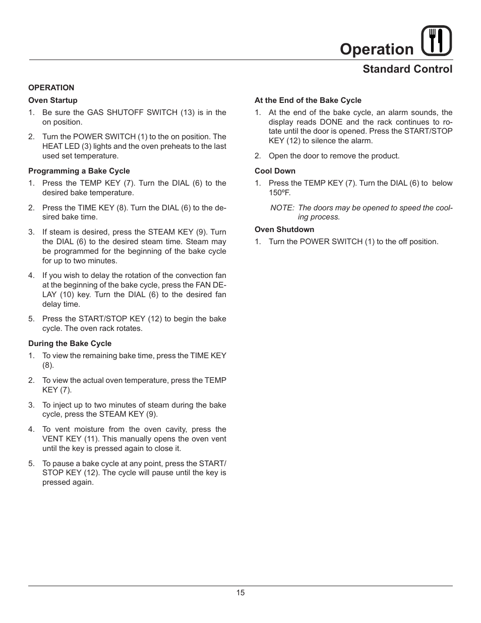 Operation, Standard control | Blodgett XR8-E User Manual | Page 17 / 24
