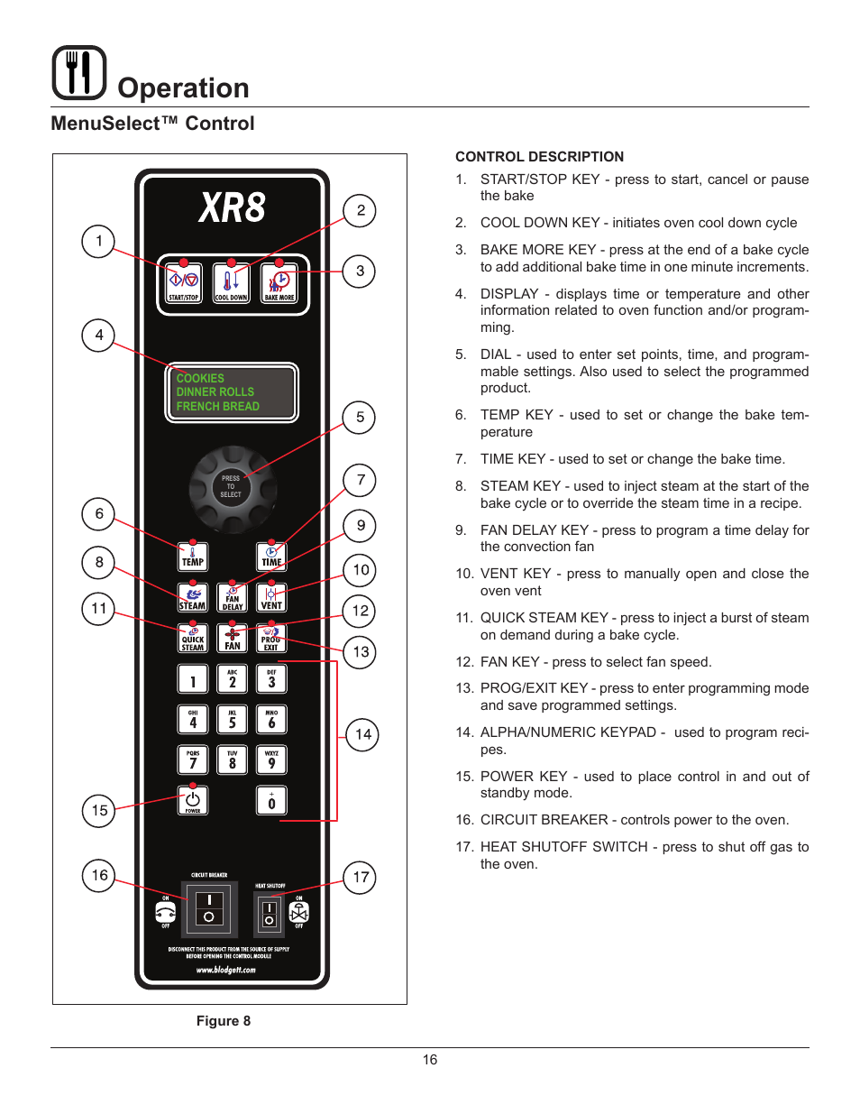 Operation, Menuselect™ control | Blodgett XR8-E User Manual | Page 18 / 24