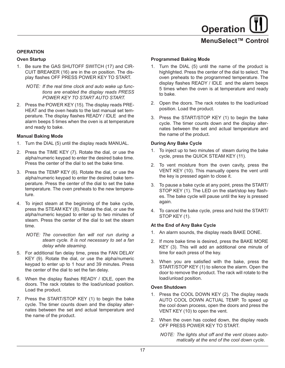 Operation, Menuselect™ control | Blodgett XR8-E User Manual | Page 19 / 24