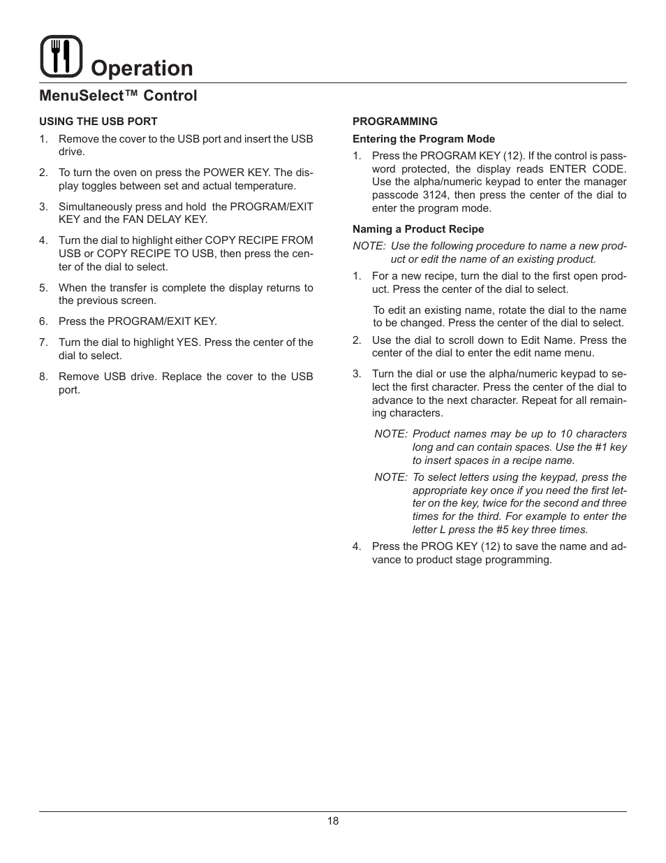 Operation, Menuselect™ control | Blodgett XR8-E User Manual | Page 20 / 24