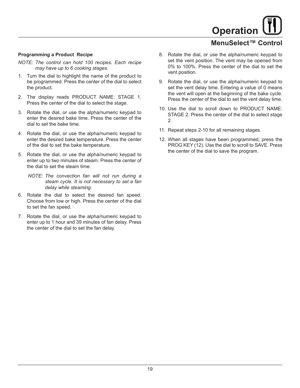 Operation, Menuselect™ control | Blodgett XR8-E User Manual | Page 21 / 24