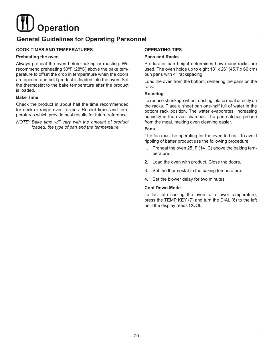 Operation, General guidelines for operating personnel | Blodgett XR8-E User Manual | Page 22 / 24