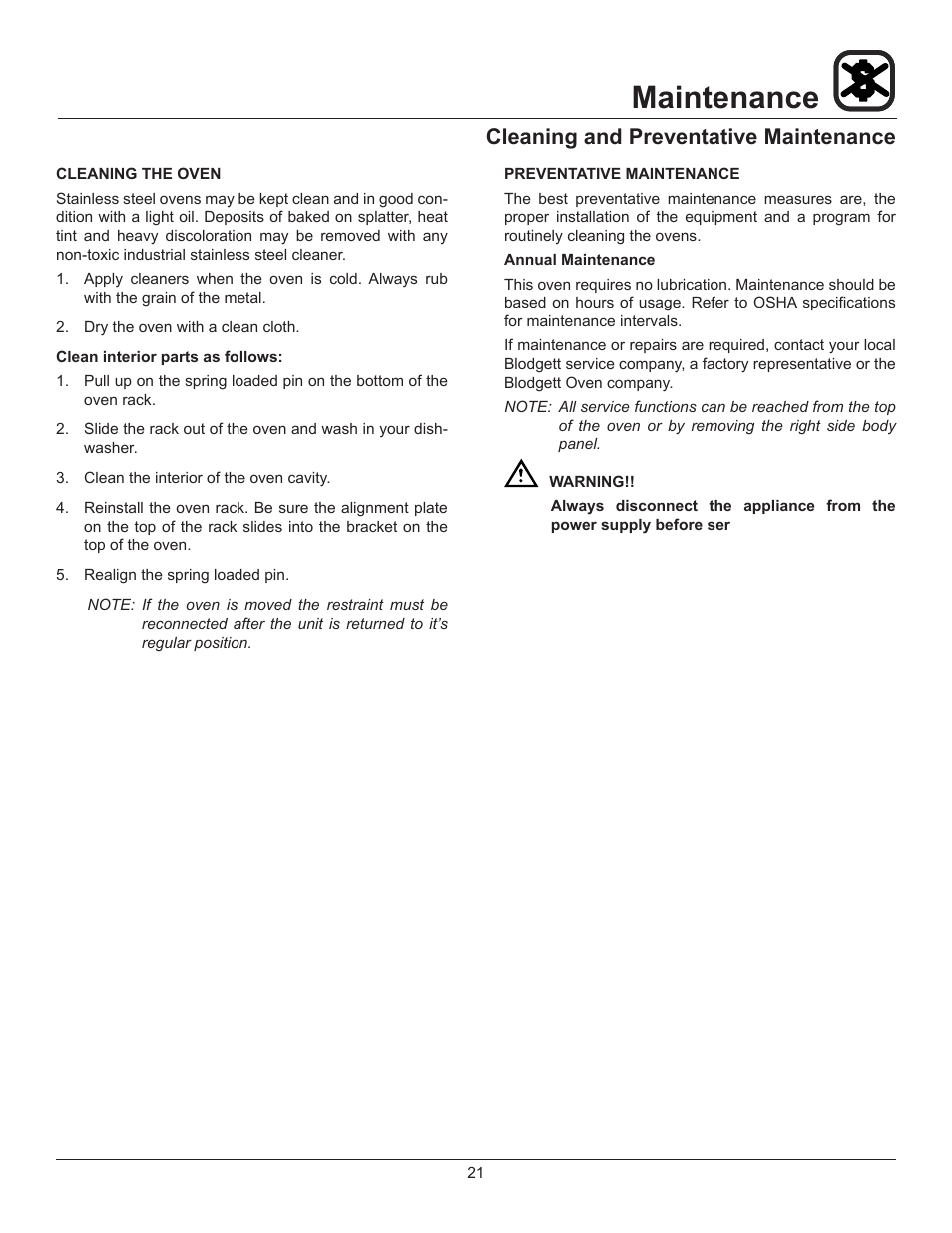 Maintenance, Cleaning and preventative maintenance | Blodgett XR8-E User Manual | Page 23 / 24