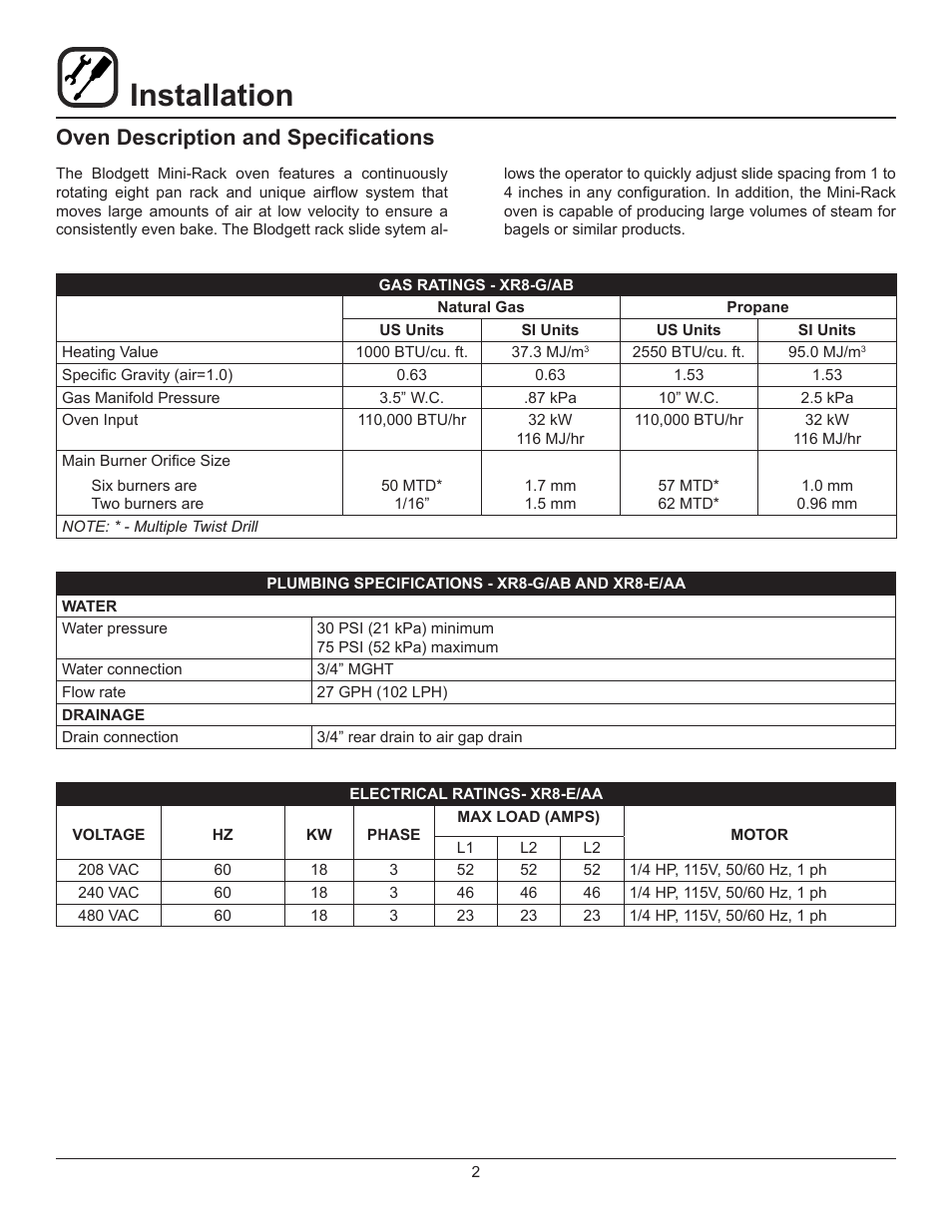 Installation, Oven description and specifications | Blodgett XR8-E User Manual | Page 4 / 24