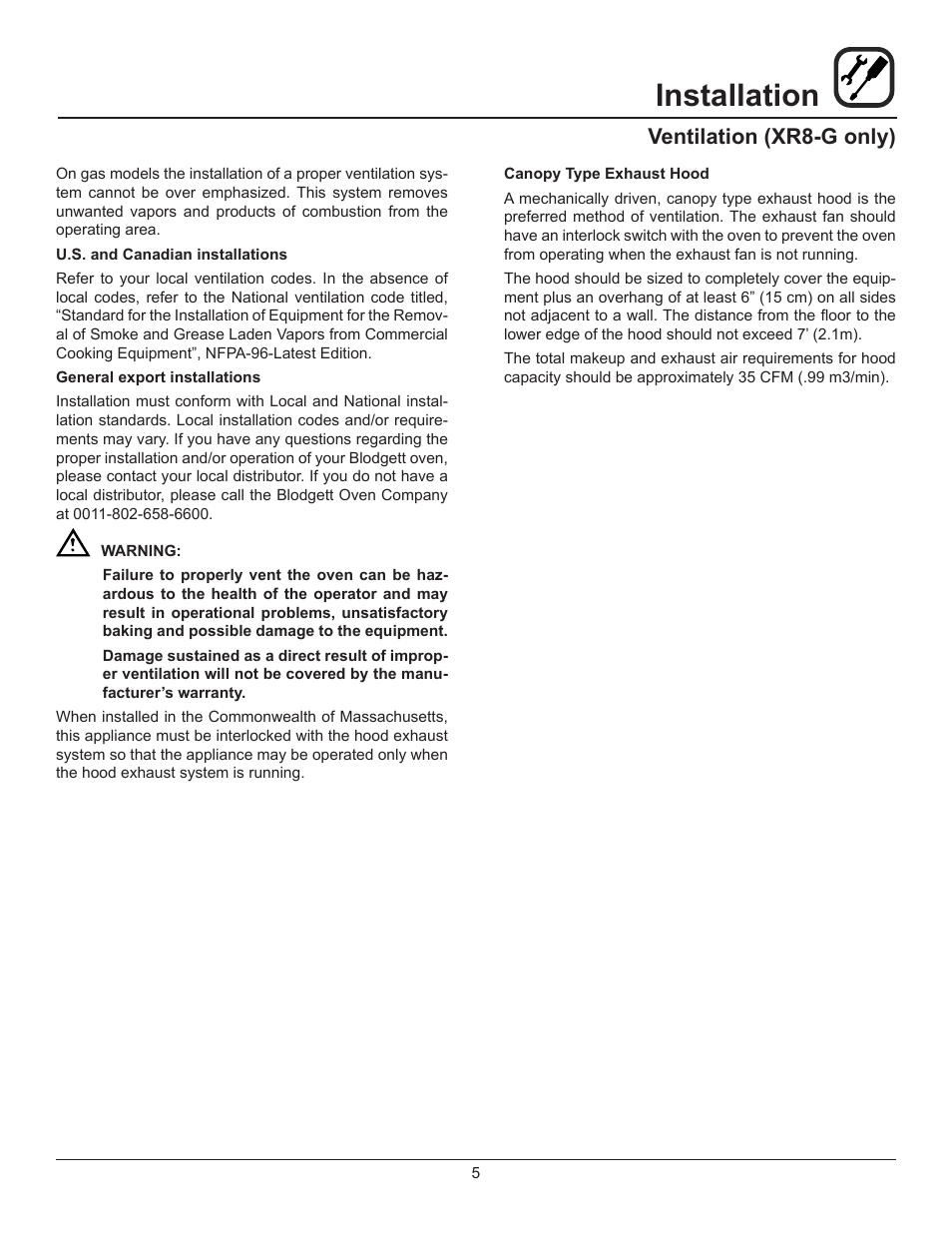 Installation, Ventilation (xr8-g only) | Blodgett XR8-E User Manual | Page 7 / 24