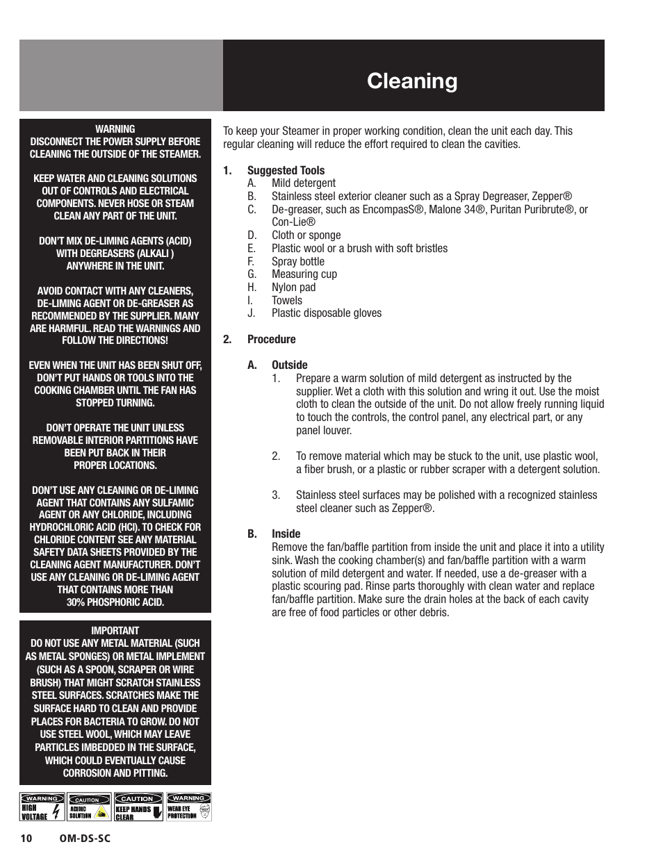 Cleaning | Blodgett DS-SC Series User Manual | Page 10 / 24