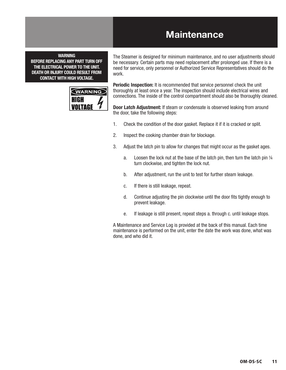 Maintenance | Blodgett DS-SC Series User Manual | Page 11 / 24