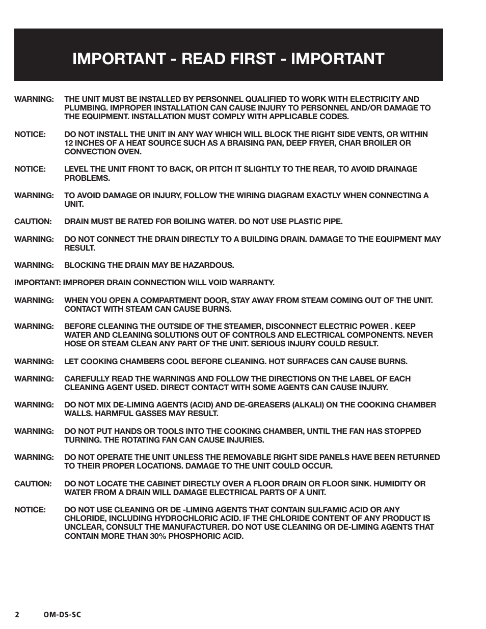 Important - read first - important | Blodgett DS-SC Series User Manual | Page 2 / 24