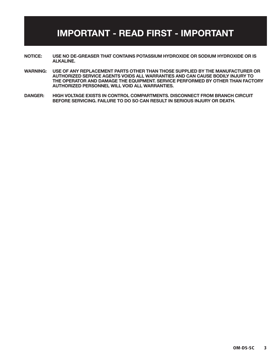 Important - read first - important | Blodgett DS-SC Series User Manual | Page 3 / 24