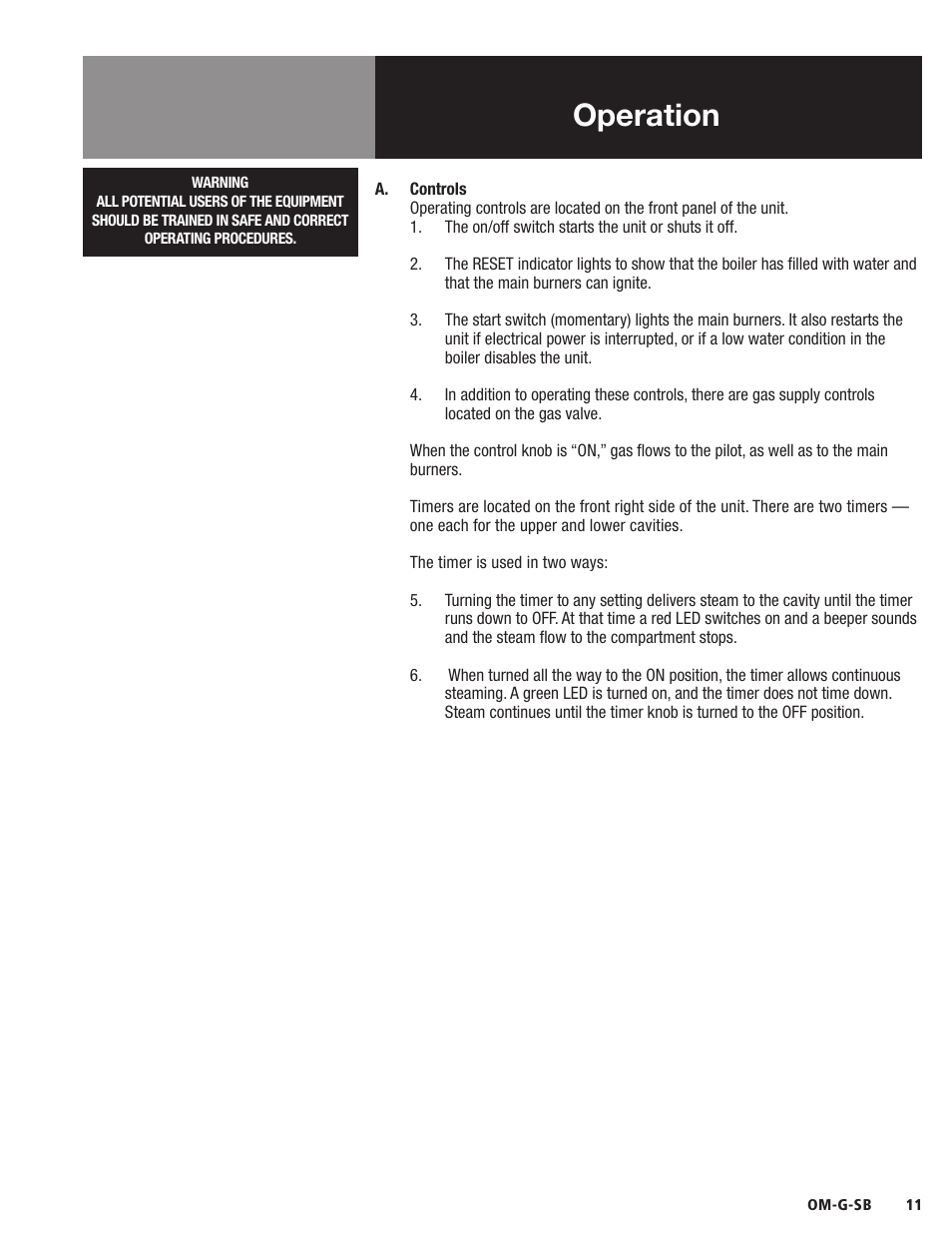Operation | Blodgett SB-G Series User Manual | Page 13 / 36