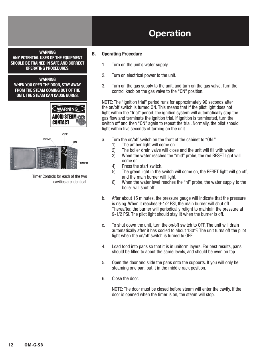 Operation | Blodgett SB-G Series User Manual | Page 14 / 36