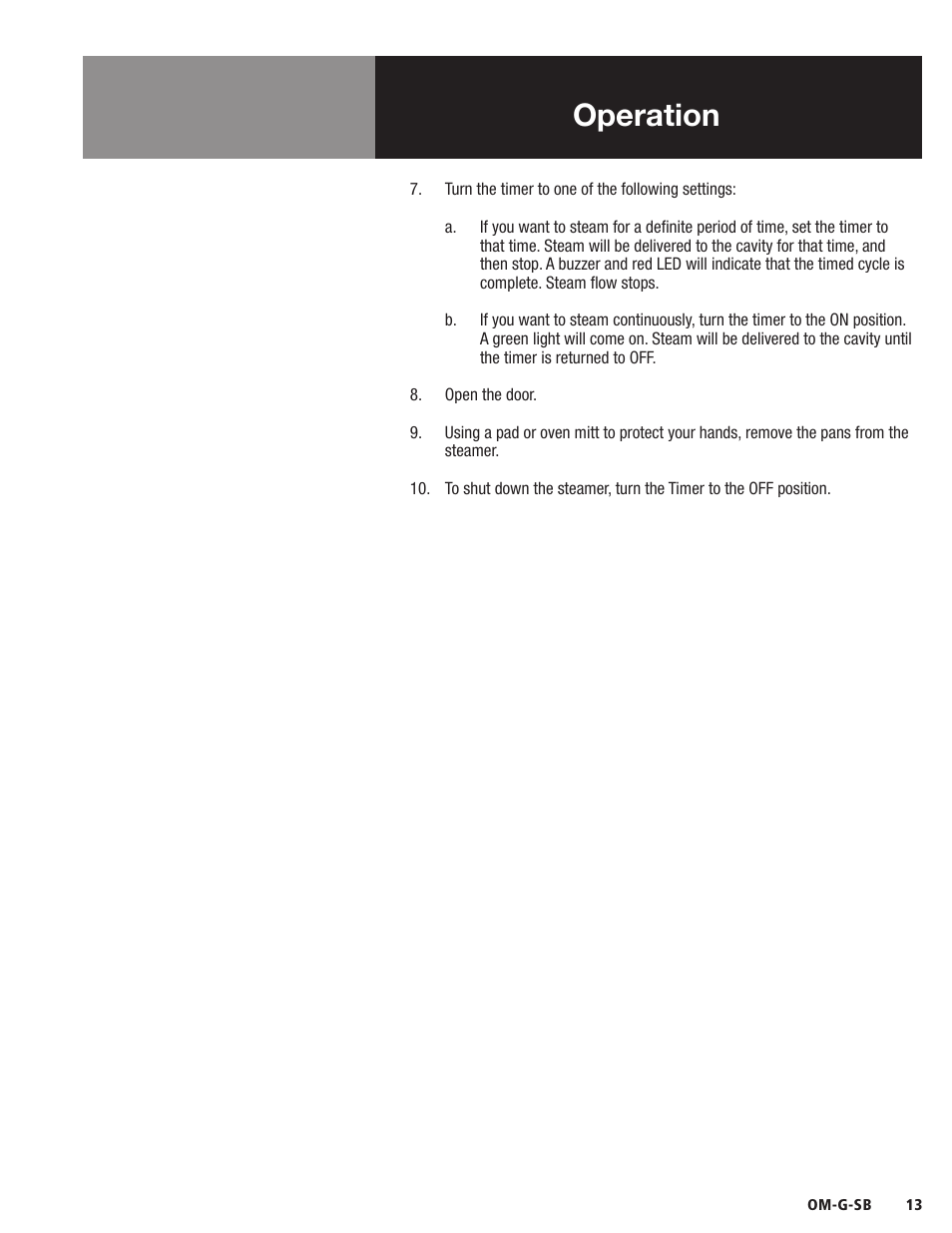 Operation | Blodgett SB-G Series User Manual | Page 15 / 36