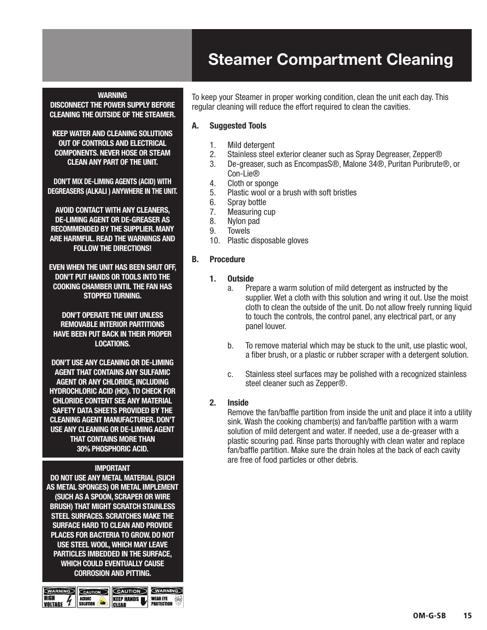 Steamer compartment cleaning | Blodgett SB-G Series User Manual | Page 17 / 36