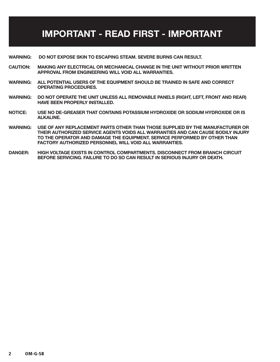 Important - read first - important | Blodgett SB-G Series User Manual | Page 4 / 36