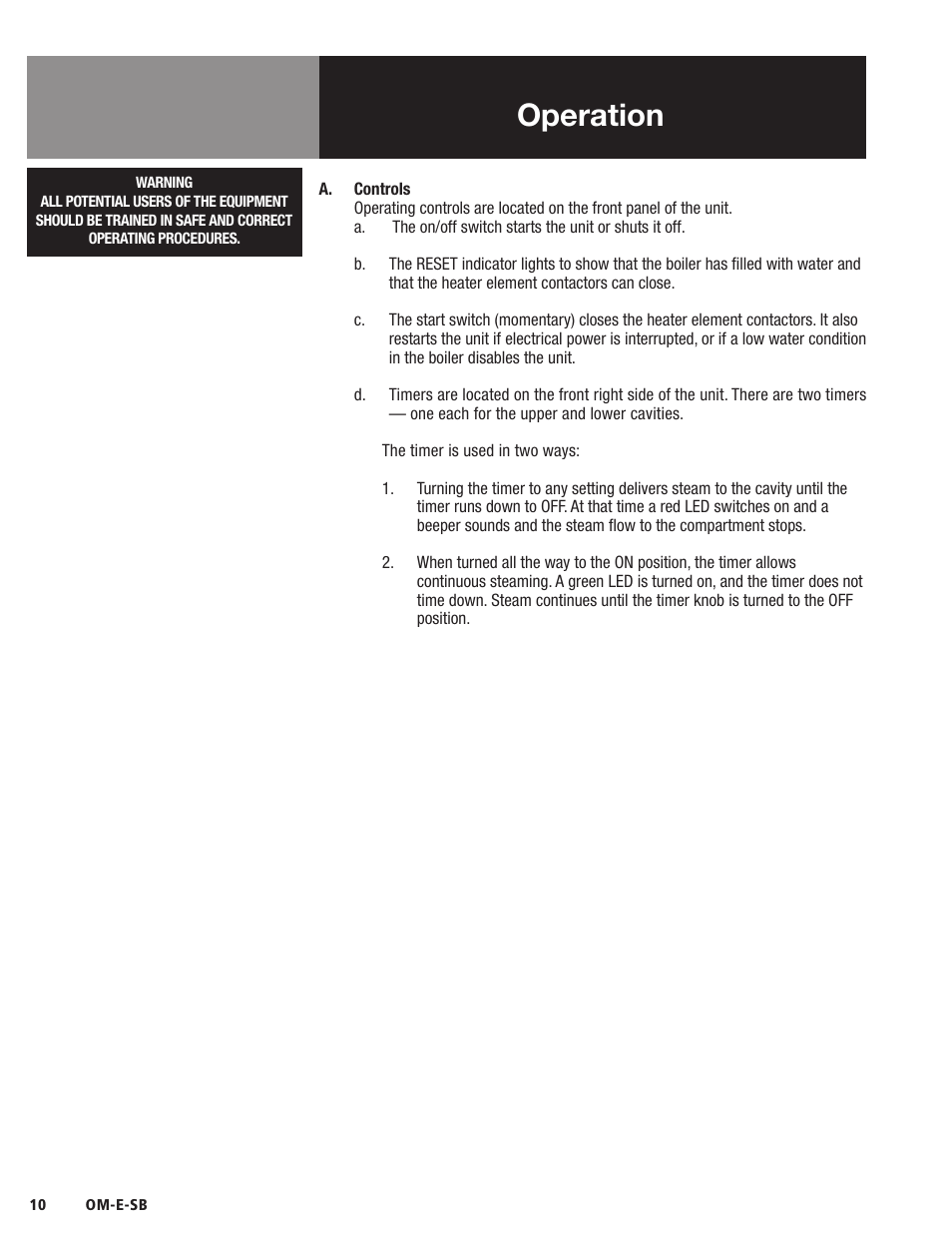 Operation | Blodgett SB-E Series User Manual | Page 12 / 34